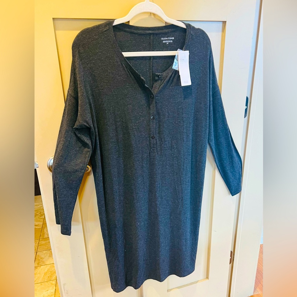 Eileen Fisher Henley Ballet Neck Shift Night Dress Gray NWT